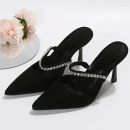 Black Shoes Women's High-Heeled Sandals 2024 Spring Stiletto Pointed Toe Pumps Satin Rhinestone Glitter Mules 20761