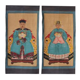 Hand Painted Portrait Painting, Chinese Ancestor Painting on Fabric, Wall Decoration, Blue Colour