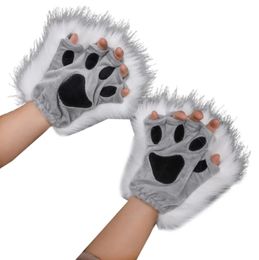 Ladies Animal Paw Gloves Winter Fingerless Gloves Fluffy Bear Cat Plush Paw Claw Half Finger Glove Half Cover Woman Mitten Hot