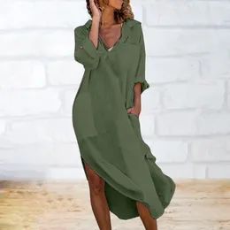 Casual Dresses Women Midi Dress Chic Comfy Women's V-neck Shirt With Pockets Side Split For Summer Beach Holidays Wear Loose Fit