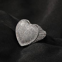 Iced Out Gold Silver Big Heart Rings CZ Ring With Side Stones Full Bling Hip Hop Punk Men Women Jewelry327E