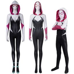 Across the Spider Verse Gwen Cosplay Costume Jumpsuit Mask Set Outfits for Adult Women Kid Halloween Carnival Party Suit