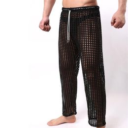 Whole-Sexy Mens Pants Sleepwear See Through Big Mesh Lounge Pajama Bottoms Loose Trousers Low Rise Couples Gay Male Fetish Sex277Y