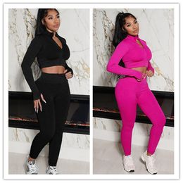 Designer Ribbed Tracksuits Women Fall Winter Outfits Long Sleeve Jacket Crop Top and Pants Two Piece Sets Casual Solid Sweatsuits Bulk Wholesale Clothes 10223