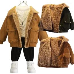 Jackets 2023 Winter Corduroy Jacket Boys Plush Coat Lapel Warm Outwear Children Clothing Thicken Lambswool
