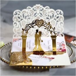 Greeting Cards Greeting Cards 25/50Pcs European Laser Cut Wedding Invitations 3D Tri-Fold Bride And Groom Lace Party Favour S Dhgarden Dhr9J