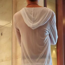 Men's Sleepwear Sexy Transparent See Through Men Sports Casual Pajamas Home Set Gauze Hoodie Top Pants Lounge Loungewear Cl3032