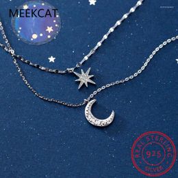 Pendants 925 Sterling Silver Double Layer Star Moon Clavicle Chain Necklace For Women Girl Cubic Zircon Gift S-N576