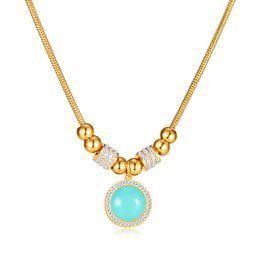 Luxury Crystals Blue Turquoise Round Pendant Stainless Steel Fashion Simple Gold Beads Necklace Chain 18inch for Women Lady