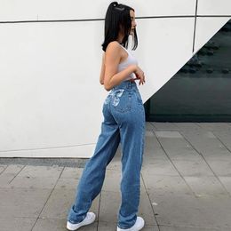 Women's Jeans Womens Korean Style Blue Washed Butterfly Printed Straight Wide Leg Pants Casual Comfy Trousers Pantalones De Mujer