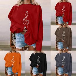 Women's Sweaters Solid Round Neck Long Sleeve Shiny Brick Music Printed Hatless Sweater