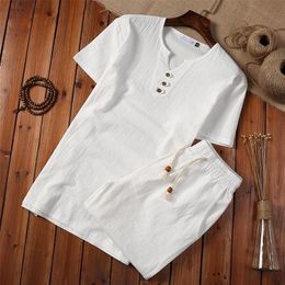 Cotton Linen Chinese Style Men White Shirt Shorts Set Pullover Button Short Sleeve Shirts Plus 5XL 2019 Summer Men Casual Suit251L