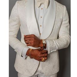 Men's Suits & Blazers Style Groomsmen IVory Pattern Groom Tuxedos Shawl SAtin Lapel Men 2 Pieces Wedding Man Jacket Pants Tie249R
