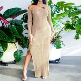 Casual Dresses Ribbing Knitted Midi Dress Ladies Sexy Cut Out Slit Sweater Turtleneck Strip Long Sleeve Elegant Women Slim Party