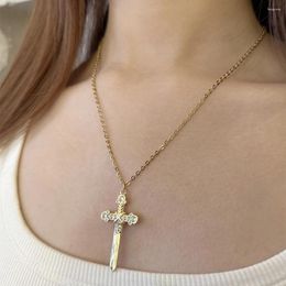 Pendant Necklaces Exquisite Cross For Women Jewellery Stainless Steel Chain Gold Colour Choke Necklace Commuting Fashion