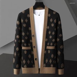 Men's Sweaters 2023Spring And Autumn Jacquard Knitted Cardigan V-neck Fashion Contrast Color Casual Shawl Sweater Coat