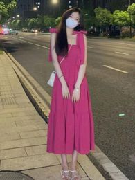 Casual Dresses Rosy Women Sleeveless French Style Bandage Design Summer Temperament Midi Holiday Backless Fashion Seaside