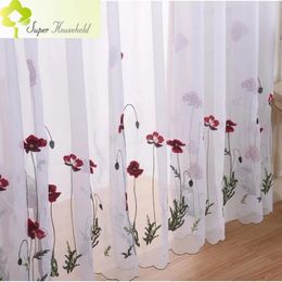 Curtain Classic White Sheer Embroidered Red Flower Curtains Tulle for Living Room Simple Pastoral Window Screen Voile Drapes Bedroom 231018