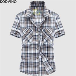 Shirts for Men Plaid Streetwear Casual Slim Fit Short Sleeve Cotton Shirt Mens Red Summer Blouse Man Camisas Chemises Homme 2019303c