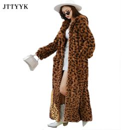 Womens Fur Faux Women Winter Leopard Jacket XLong Parkas Warm Plush Fluffy Coats Hooded Korean Overcoat Female Oversized Clothing 231017