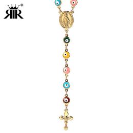 RIR Jesus Christ Cross Evil Eye Bead Catholic Religious Rosary Long Crucifixes Necklace Stainless Steel Men Women270Z