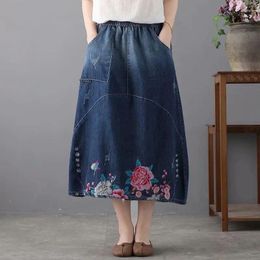 Skirts Spring Arts Style Women Elastic Waist Loose A-line Skirt Flower Embroidery Asymmetrical Cotton Denim Vintage Long C794