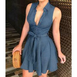 Womens Dress Button Denim Mini Dress Ladies Summer Sleeveless Belted Jeans Long Tops Shirt Dress Asian Size298L