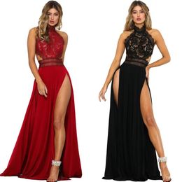 Sexy Dress Summer Women Slit lace High Waist Off Shoulder Black Red Slip Silk Long Dress Party Club ZST089205c