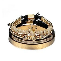 Hand-woven Braided Bracelet Golden Hip-hop Men CZ Zircon Crown Roman Numeral Jewellery Bangle325o