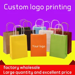 Gift Wrap Custom Logo Printing Kraft Paper Bag Packaging Craft Personalised Business Shopping Clothes 50pcs