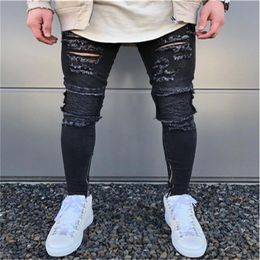 Men's Fashion Micro-bomb Slim Motorcycle Jeans Hip Hop Men Washed Torn Jeans Zipper Designer Black Jean254z