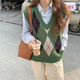 Women's Vests Vintage Plaid Sweater Vest Stylish S-3xl Autumn V-neck Panelled Sleeveless Jumpers Knitwear Female Warm Knitting Pullover 231011