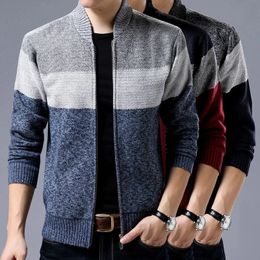 Mens Sweaters Full Zipper Striped Knitted ColorBlock Cardigan Sweater Winter Warm Jacket Coat 231018