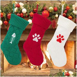 Christmas Decorations 17 Inch Pet Dog Cat Paw Knitted Stocking Fireplace Hanging Large Xmas Stockings Farmhouse Decor For Tree Ornam Dhbhu