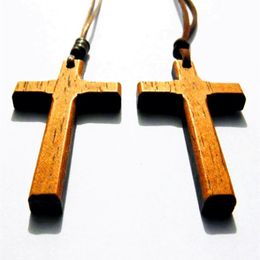 Vintage wooden Cross pendant necklace women Christ Jesus Cross sweater chain men handmade carving stylish 12pcs324L