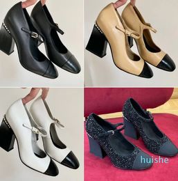 2023 Dress shoes Heel Splicing Mid Heel Black White Khaki Evening Size 35-41 With box