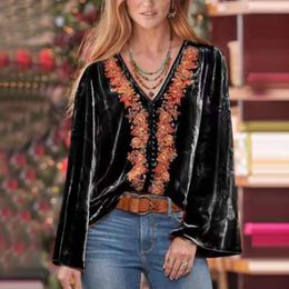 Women's Blouses Smooth Blouse Vintage Flower Embroidery Pullover Soft Casual With V-neck Bead Decor Loose Fit Top