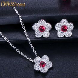 Korean Fashion Brand Ladies Jewellery Red Cubic Zirconia Stone Flower Pendant Necklace and Earring Sets for Women T137 210714314E