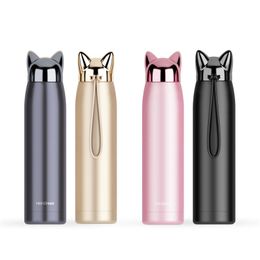 Double Wall Thermos Water Bottle Stainless Steel Vacuum Flasks Cute Cat Fox Ear Thermal Coffee Tea Milk Travel Mug