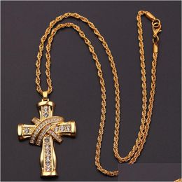 Pendant Necklaces Diamond Cross Pendant Necklace For Men Women Crystal Rhinestone King Queen Letter Charms Fashion Gold Hip Hop Jewelr Dhc2N