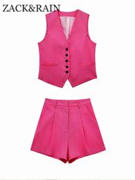 Women s Two Piece Pants ZACK RAIN Women Linen Blended Single breasted Short Vests And High Waist Shorts 2023 Summer Sweet Female Sets Mujer 231018