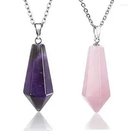 Pendant Necklaces Natural Crystal Amethyst Rose Quartz Tiger Eye Stone Hexagonal Pyramid Chain Necklace Jewelry For Women Men Girls Gifts