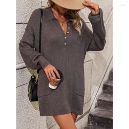 Women's Sweaters 2023Autumn Clothing Solid Colour Polo Button Knit Mid Length Outerwear Sweater Long Sleep Top