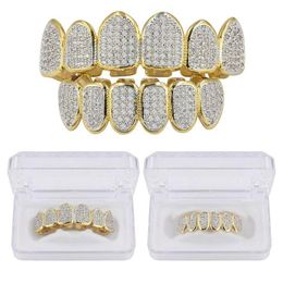 Hip Hop Classic Teeth Grills Golde Colour Plated CZ Micro Pave Exclusive Top & Bottom Gold Grillz Set283N