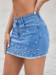 Skirts Spring And Summer High Waist Slim Elastic Fashion Personality Beaded Denim Skirt