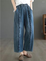 Women's Jeans Retro Women Summer Autumn Elastic Waist Spliced Casual Ankle-Length Denim Pants