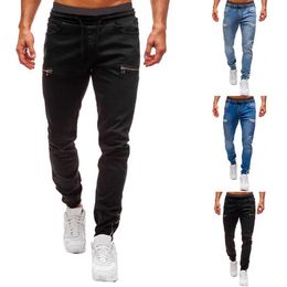 Mens Elastic Cuffed Pants Casual Drawstring Jeans Training Jogger Athletic Pants Sweatpants 2020 New Fashion Zipper218b