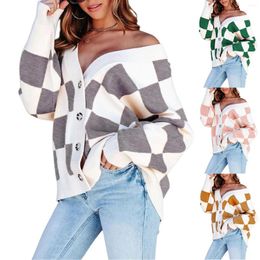 Women's Sweaters Fall/Winter 2023 Casual Loose Checkerboard Contrast V-neck Button-down Long-sleeved Knitted Cardigan