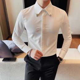 Men's Casual Shirts Metal Buckle Decoration Shirt For Men Autumn Long Sleeve Slim Streetwear Social Party Nightclub Tuxedo Blouse 2023