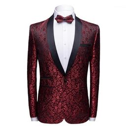 Men's Suits & Blazers Brand Men Shawl Collar Wine Red Casual Suit Jacket Prom Party Blazer Man Coat Hombre Slim Fit Floral Ma271i